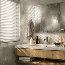 Moderne badkamer met witte PVC jaloezieën voor privacy en vochtbestendigheid