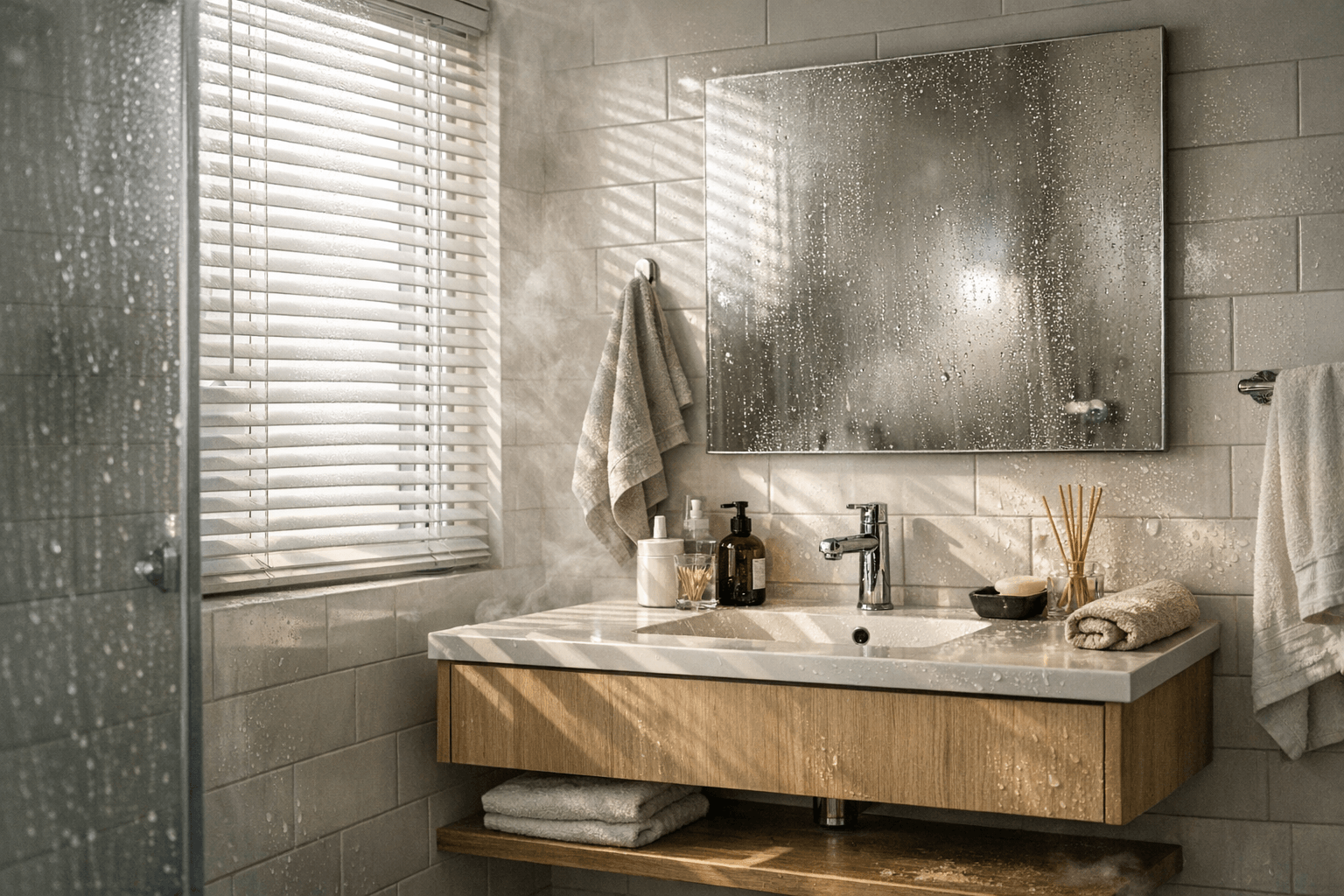 Moderne badkamer met witte PVC jaloezieën voor privacy en vochtbestendigheid