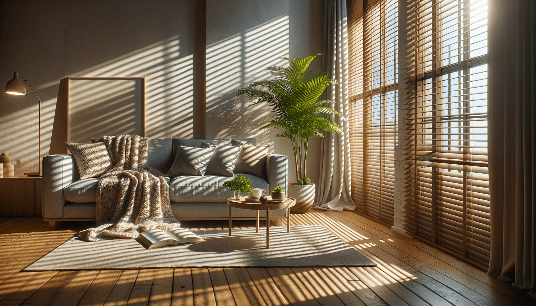 Sfeervolle woonkamer met houten jaloezieën die warm zonlicht filteren en zorgen voor privacy.