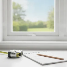 Een rolmaat, potlood en notitieblok liggen op een vensterbank, klaar voor het zelf opmeten van de raamkozijnen voor nieuwe jaloezieën.