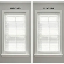 Een visuele vergelijking tussen jaloezieën die 'in de dag' (binnen het kozijn) en 'op de dag' (op de muur) zijn gemonteerd.