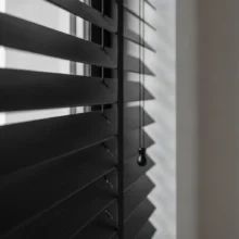 Detailopname van strakke, matzwarte houten jaloezieën, die de essentie van minimalistisch design met strakke lijnen tonen.