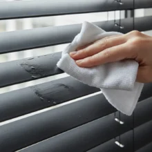 Close-up van een hand die met een vochtige doek een lamel van een aluminium jaloezie schoonmaakt.