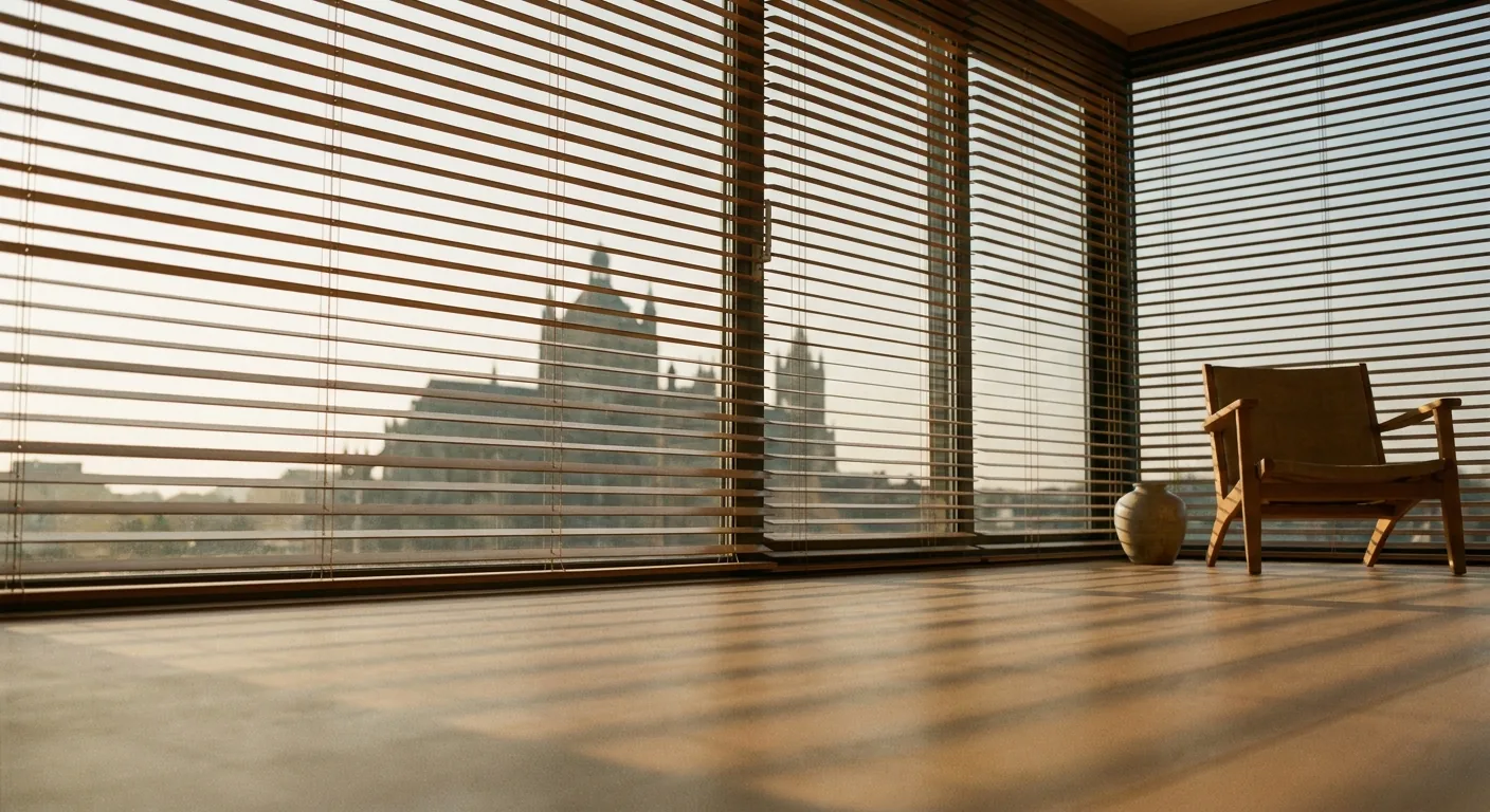Sfeervol interieur met op maat gemaakte houten lamellen voor een raam, waardoor het ochtendlicht naar binnen valt met een subtiel uitzicht op de Sint-Jan in Den Bosch.