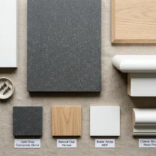 Overzicht van verschillende stalen voor vensterbanken, zoals MDF, composiet en hout, die de materiaalkeuze tonen.