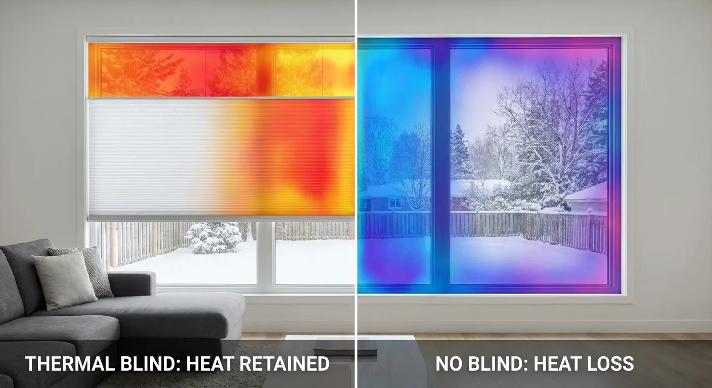 Een visualisatie van de isolerende werking van een plisségordijn, waarbij een warmtecamera het temperatuurverschil toont tussen het deel van het raam met en zonder raamdecoratie.