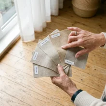 Iemand houdt verschillende gratis kleurstalen van beige inbetween stoffen in het daglicht bij de vloer om de perfecte kleurmatch te vinden.
