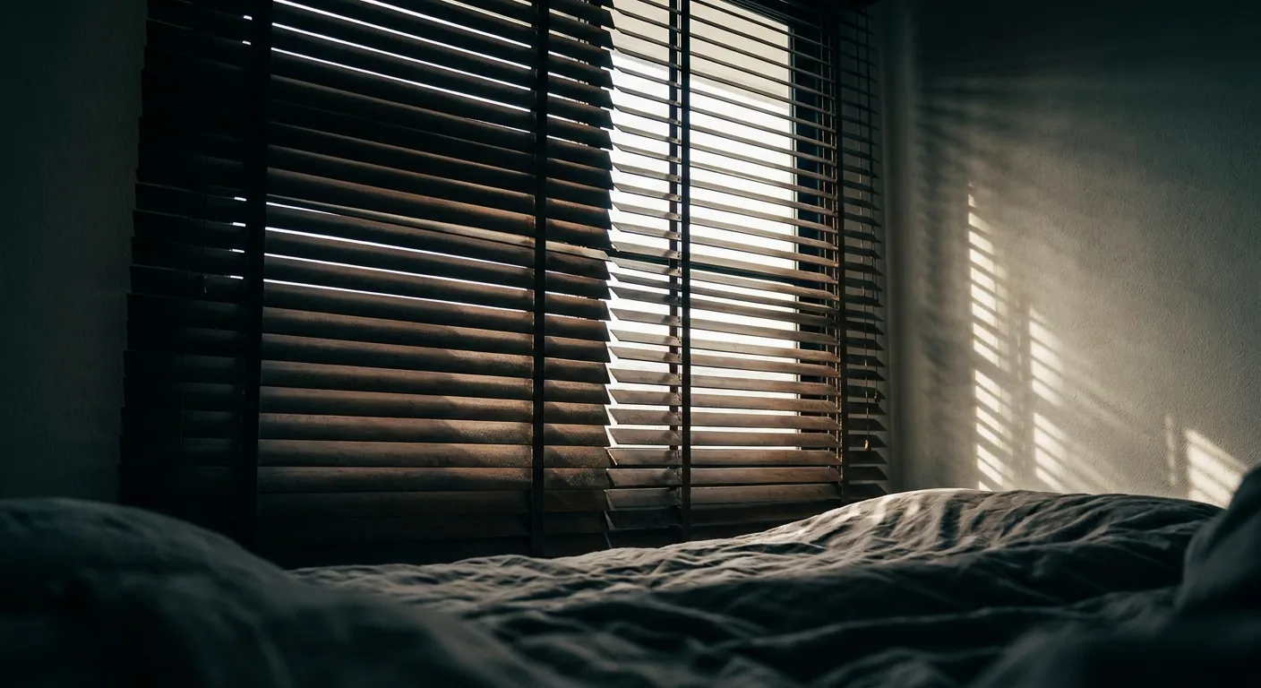 Close-up van gesloten donkerhouten jaloezieën in een slaapkamer, waar felle lichtkieren tussen de lamellen door schijnen, wat het verduisterende maar niet volledig donkere effect toont.