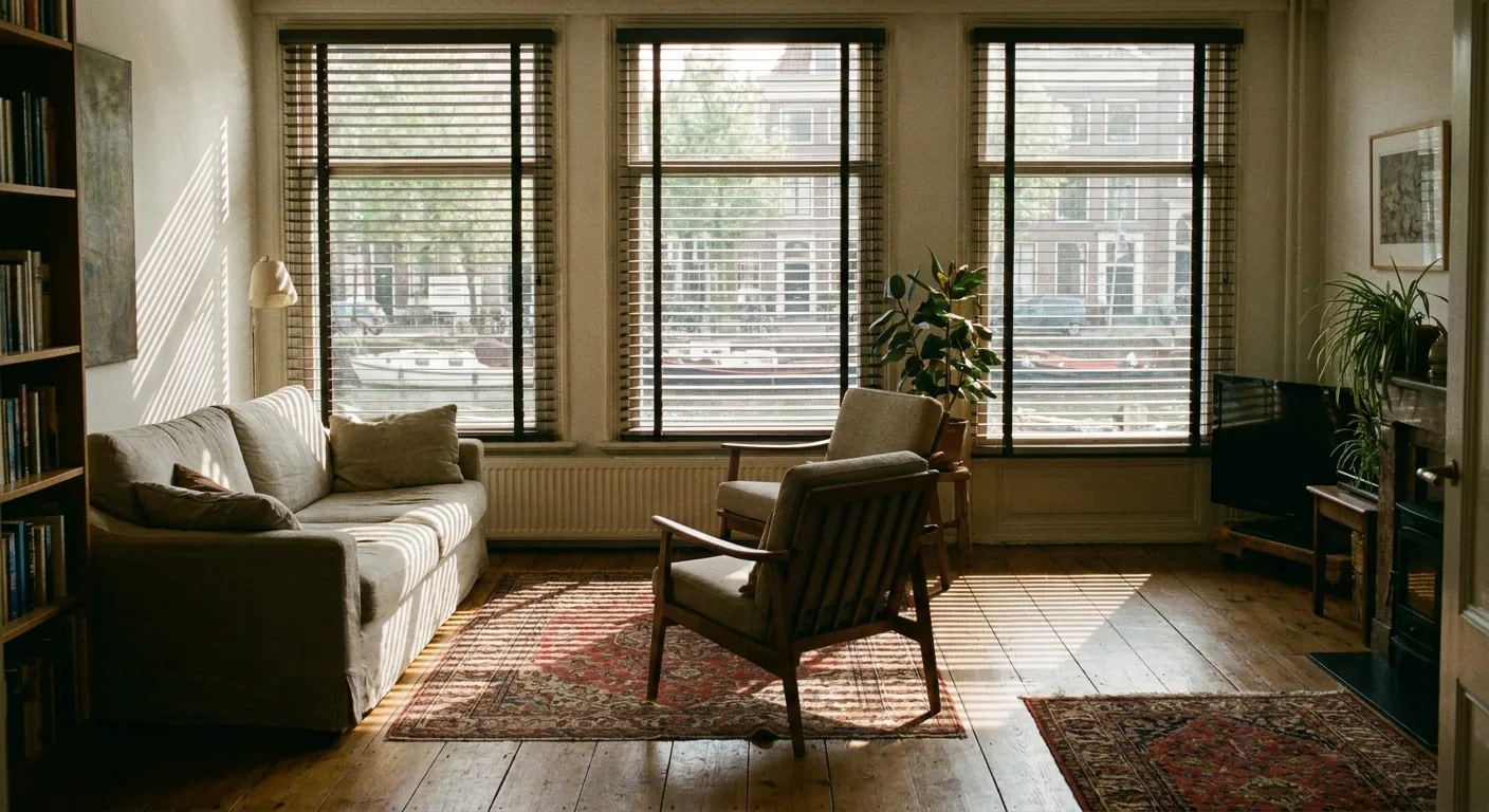 Warme houten jaloezieën in een sfeervolle woonkamer van een Utrechts grachtenpand, met uitzicht op de gracht door de lamellen heen.