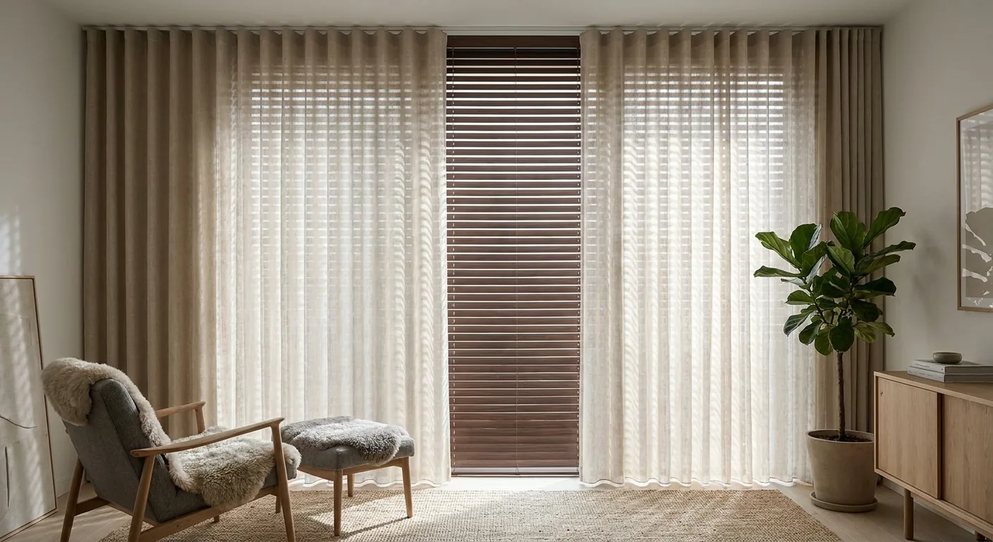 Een modern interieur waarin beige inbetween gordijnen in een wave-plooi gecombineerd zijn met donkere houten jaloezieën, wat zorgt voor een sfeervolle, gelaagde raamdecoratie.