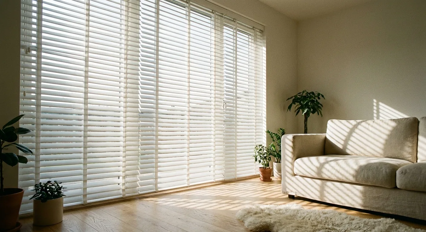 Sfeervolle woonkamer met grote witte houten jaloezieën waar zacht zonlicht door de lamellen schijnt en strepen licht werpt op de vloer.