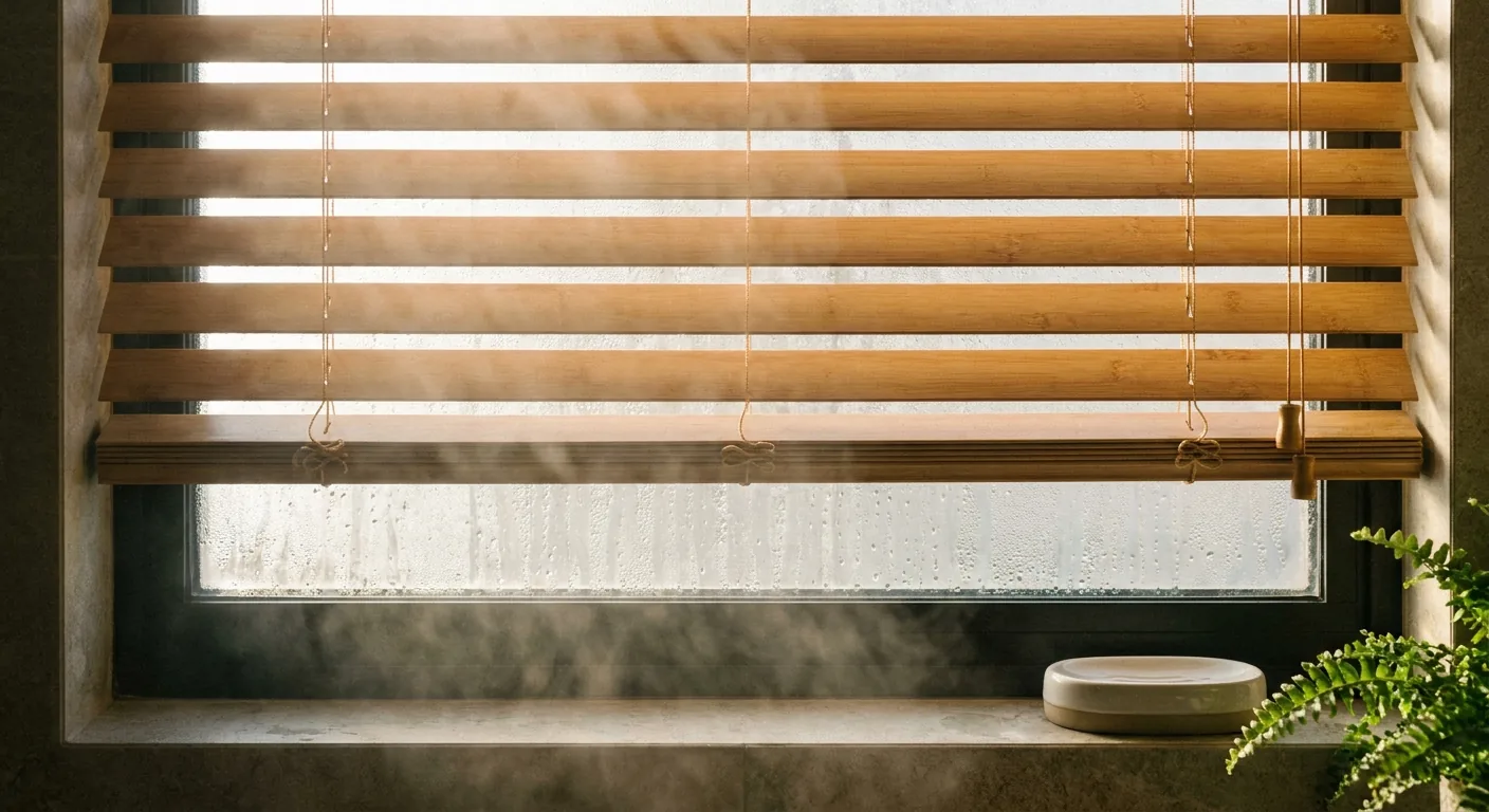 Sfeervolle close-up van bamboe jaloezieën in een badkamer, waar het ochtendlicht door de lamellen en waterdamp schijnt, wat een rustgevend effect geeft.