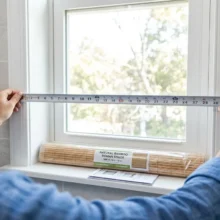 Een persoon is bezig met het nauwkeurig opmeten van een raamkozijn in een betegelde badkamer, ter voorbereiding op de montage van nieuwe bamboe jaloezieën.