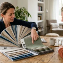 Een adviseur helpt een klant bij het kiezen van de juiste kleur voor haar nieuwe raamdecoratie aan de hand van een stalenwaaier.